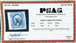 Revenue, 1862, First Issue, 2¢ Proprietary, blue, imperf. (Scott ...