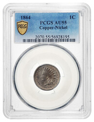 1864, 1¢ Indian Head Cent Copper-Nickel, PCGS AU55, PCGS graded ...