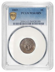 1869, 1¢ Indian Head Cent, PCGS MS63BN, PCGS graded Mint State 63