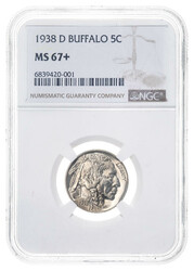 1938-D 5C Buffalo Nickel NGC MS67+, NGC graded Mint State 67