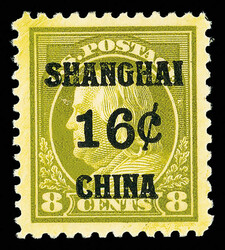 Offices in China, 1919, 16¢ on 8¢ olive green (Scott K8a), o.g., ...
