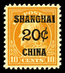 Offices in China, 1919, 20¢ on 10¢ orange yellow (Scott K10), o.g., ...