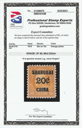 Offices in China, 1919, 20¢ on 10¢ orange yellow (Scott K10), o.g., ...