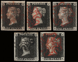 1840, Queen Victoria First Issue, 1d black (Scott 1), five fresh, ...