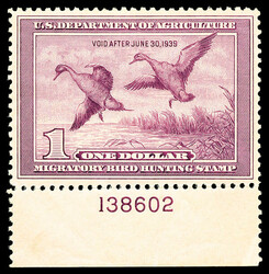 Federal Duck Stamp, 1938, $1 Pintail Drakes (Scott RW5), bottom ...