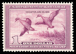 Federal Duck Stamp, 1938, $1 Pintail Drakes (Scott RW5), Vibrant, ...