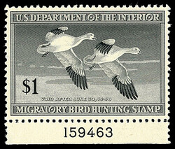 Federal Duck Stamp, 1947, $1 Snow Geese (Scott RW14), single with ...