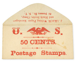 1862, Civil War Postage Currency, 50¢ J. Leach envelope printed in ...