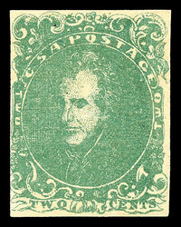 1862, 2¢ green (Scott 3), o.g., never hinged, fresh with intense ...