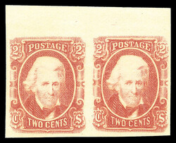 1863, 2¢ pale red (Scott 8a), top margin horizontal pair, o.g., ...
