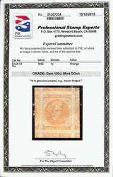 1862, 1¢ orange, unissued (Scott 14), o.g., never hinged, a beauty ...