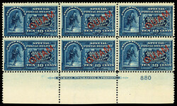 Special Delivery, 1899, 10¢ blue (Scott E1), bottom plate #880 block ...