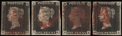 1840, Queen Victoria First Issue, 1d black (Scott 1), four nice ...