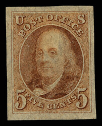 1847, 5¢ reddish, trial color small die proof on India paper (Scott ...