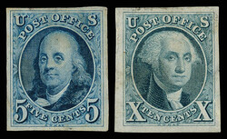 1847, 5¢ & 10¢ deep blue, trial color small die proofs on India ...