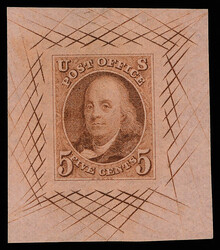 1847, 5¢ red brown, large die proof on colored bond paper (Scott ...
