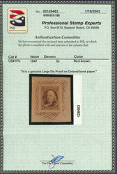1847, 5¢ red brown, large die proof on colored bond paper (Scott ...