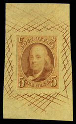 1847, 5¢ red brown, large die proof on yellow colored bond paper ...