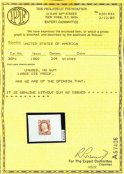 1860, 30¢ orange, large die proof on India paper (Scott 38P1), 52 x ...