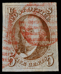 1847, 5¢ red brown (Scott 1), fresh, clean example with four ...