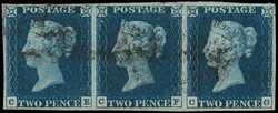 1840, Queen Victoria First Issue, 2d blue (Scott 2), horizontal strip ...