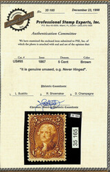 1867, 5¢ brown, F. grill (Scott 95), o.g., never hinged, sound with ...