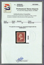 1861-66 (1875 Re-issue), 3¢ brown red (Scott 104), o.g., hinged, ...