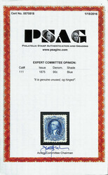 1861-66 (1875 Re-issue), 90¢ blue (Scott 111), o.g., lightly hinged, ...