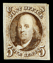 1847, 5¢ brown (Scott 1 var.), large part o.g., hinge remnant, ...