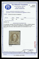 1847, 5¢ brown (Scott 1 var.), large part o.g., hinge remnant, ...