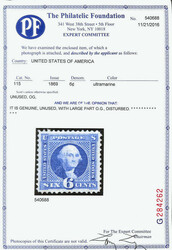 1869, 6¢ ultramarine (Scott 115), large part o.g. (disturbed), with ...