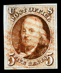 1847, 5¢ orange brown (Scott 1b), Ample to large margins, warm shade ...