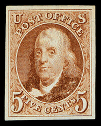 1847 (1875 Reproduction), 5¢ red brown (Scott 3), without gum as ...