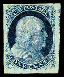 1851, 1¢ blue, type III (Scott 8 var.), position 99R2, showing ...