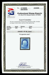 1851, 1¢ blue, type IIIa (Scott 8A), a pristine, four-margined ...