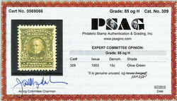 1903, 15¢ olive green (Scott 309), o.g., very lightly hinged, fresh ...