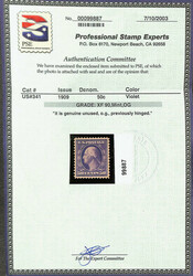 1909, 50¢ violet, D.L. watermark (Scott 341), o.g., barest trace of ...