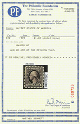 1909, $1 violet brown, D.L. watermark (Scott 342), o.g., barest trace ...