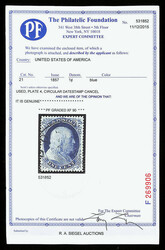 1857, 1¢ blue, type III (Scott 21), Plate 4, an immaculate example, ...