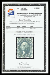 1857-60 (1875 Reprint), 10¢ blue green (Scott 43), without gum as ...