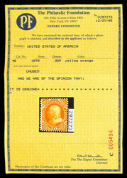 1857-60 (1875 Reprint), 30¢ yellow orange (Scott 46), without gum as ...