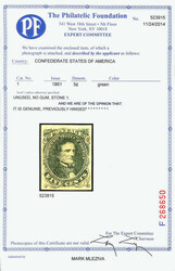 1861, 5¢ green (Scott 1), Stone 1, unused without gum, a Post Office ...