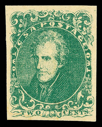 1862, 2¢ green (Scott 3), o.g., never hinged, four-margined example, ...