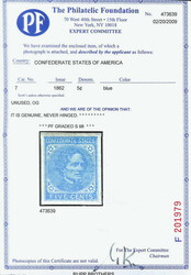 1862, 5¢ blue, Archer & Daly printing (Scott 7), o.g., never hinged, ...