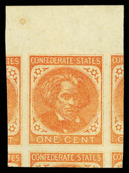 1862, 1¢ orange, unissued (Scott 14), top margin single, o.g., never ...