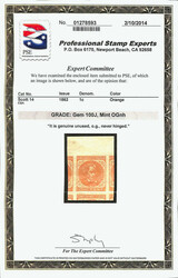 1862, 1¢ orange, unissued (Scott 14), top margin single, o.g., never ...