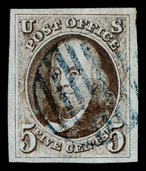 1847, 5¢ red brown (Scott 1), fresh and clean four-margined example ...