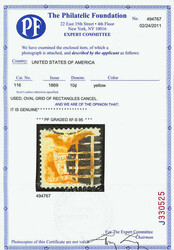 1869, 10¢ yellow (Scott 116), a captivating stamp with pristine, ...