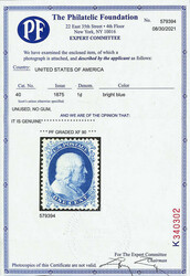 1857-60 (1875 Reprint), 1¢ bright blue (Scott 40), without gum as ...