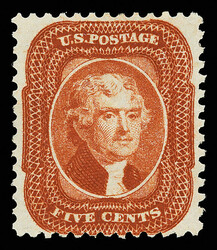 1857-60 (1875 Reprint), 5¢ orange brown (Scott 42), without gum as ...
